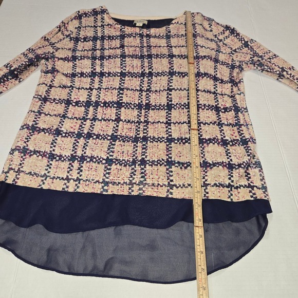Lucky Brand Womens Small Plaid Split Back Layered Knit Top Navy Pink Cream S - Picture 5 of 10